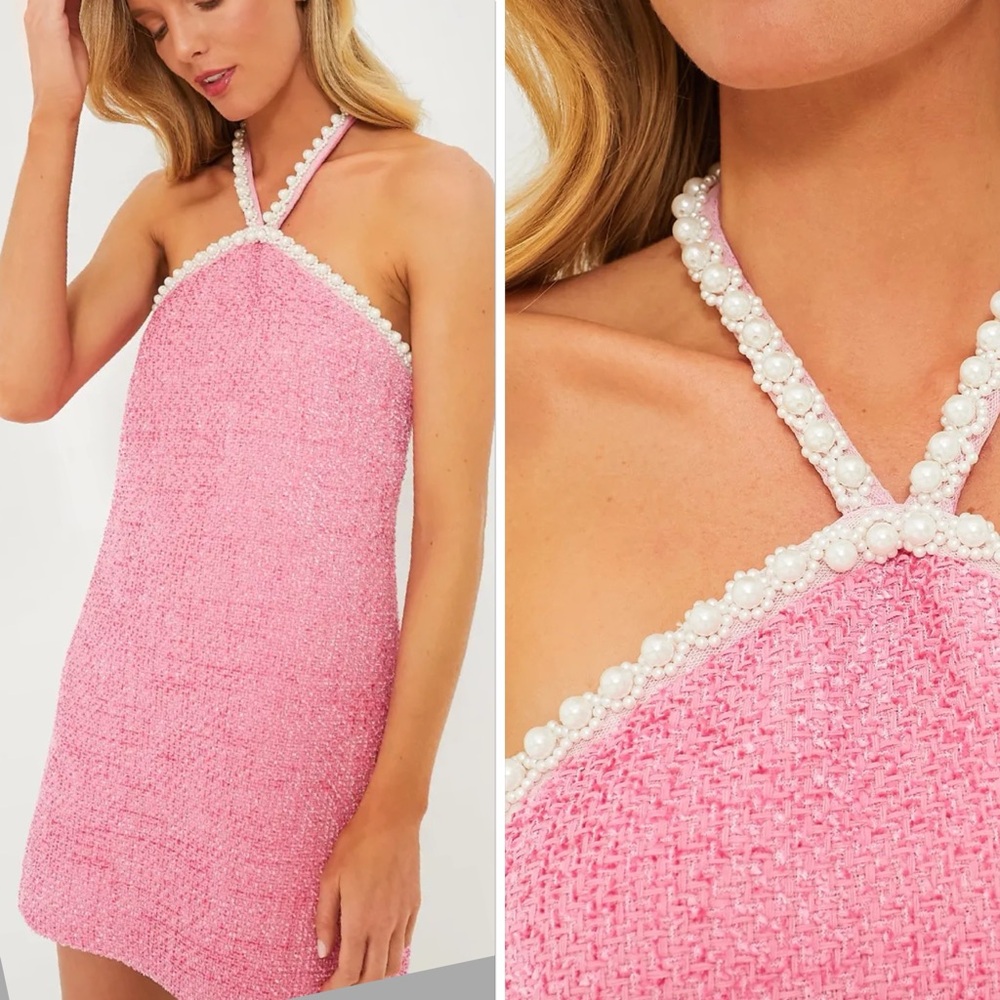 NEW Hyacinth House Pink Tweed & Petra Pearl Halter Mini Dress LARGE